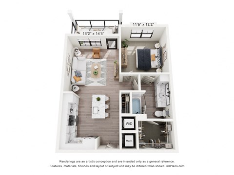 Floor plan for 1 bed, 1 bath, 748 sqft